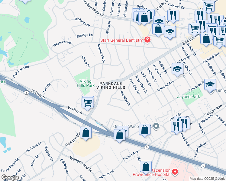 map of restaurants, bars, coffee shops, grocery stores, and more near 1200 Cliffview Rd in Waco