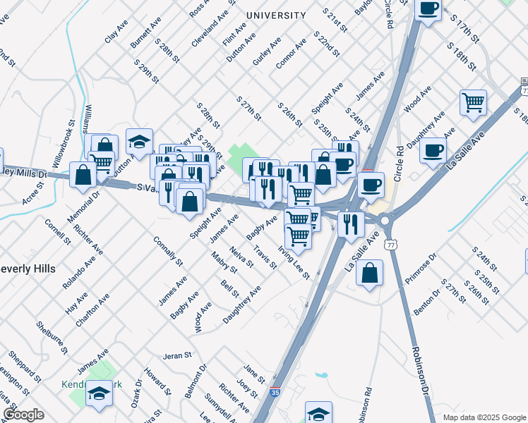 map of restaurants, bars, coffee shops, grocery stores, and more near 1798 Irving Lee Street in Waco