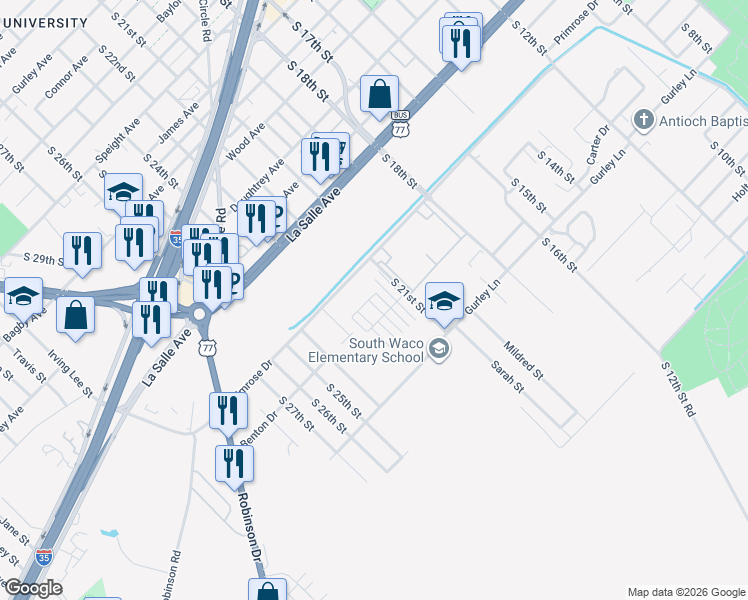 map of restaurants, bars, coffee shops, grocery stores, and more near 2425 South 21st Street in Waco