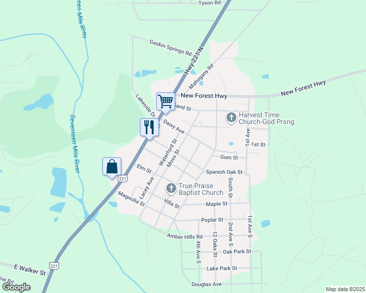 map of restaurants, bars, coffee shops, grocery stores, and more near 304 Moss Street in Douglas