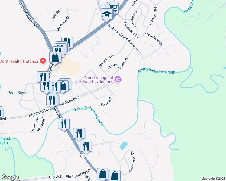 map of restaurants, bars, coffee shops, grocery stores, and more near 213 Forrest Drive in Natchez