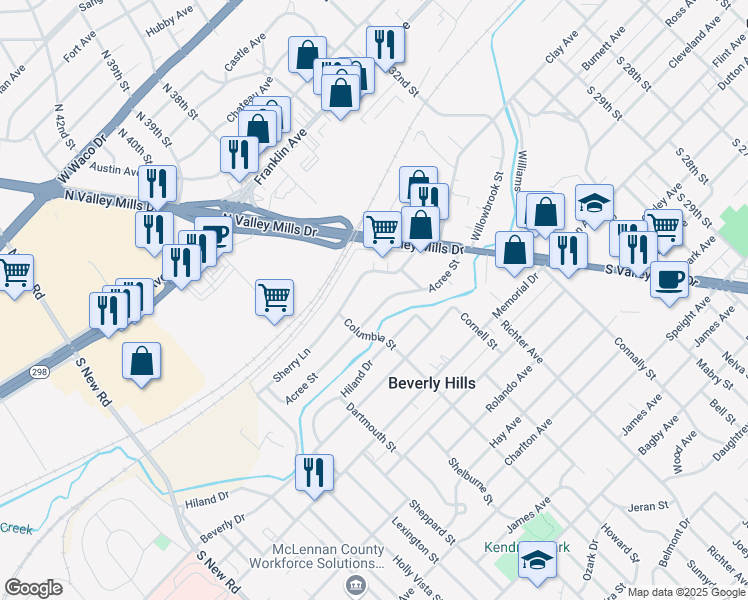 map of restaurants, bars, coffee shops, grocery stores, and more near 3817 Acree Street in Waco