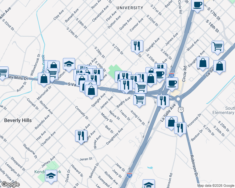 map of restaurants, bars, coffee shops, grocery stores, and more near 1708-1798 Irving Lee St in Waco