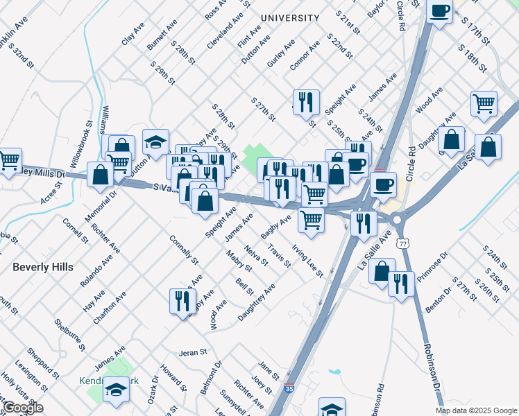 map of restaurants, bars, coffee shops, grocery stores, and more near 1708-1798 Irving Lee St in Waco
