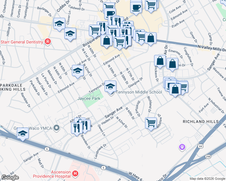map of restaurants, bars, coffee shops, grocery stores, and more near 6100 Tennyson Drive in Waco