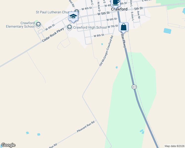 map of restaurants, bars, coffee shops, grocery stores, and more near 330 Old McGregor-Crawford Road in Crawford