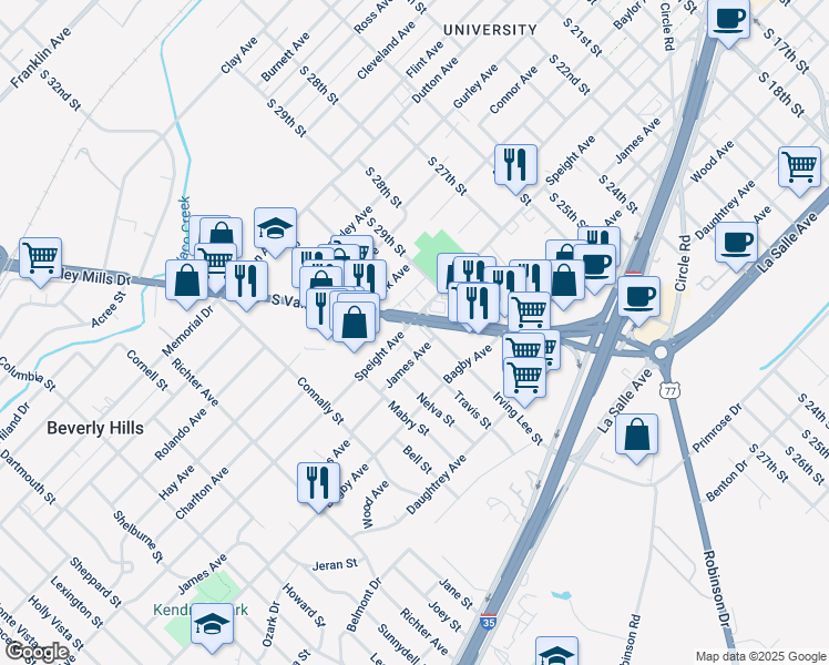 map of restaurants, bars, coffee shops, grocery stores, and more near 3101 James Avenue in Waco