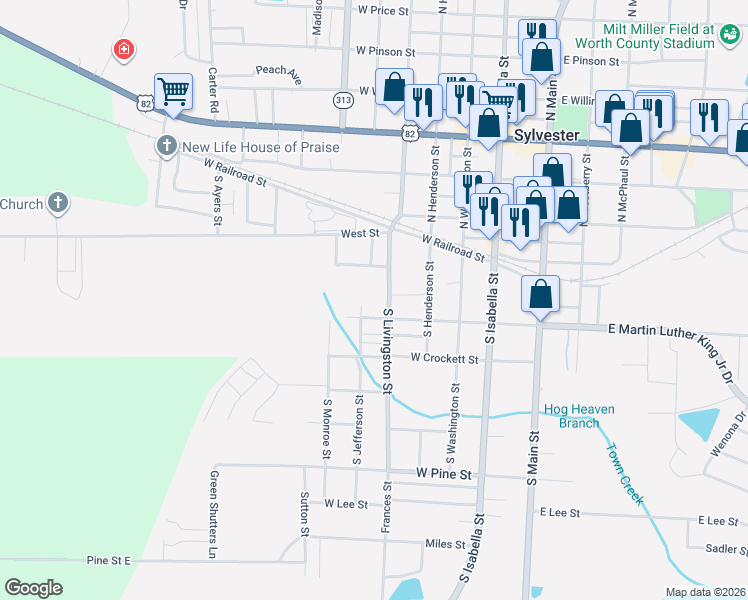 map of restaurants, bars, coffee shops, grocery stores, and more near 401 West Martin Luther King Junior Drive in Sylvester