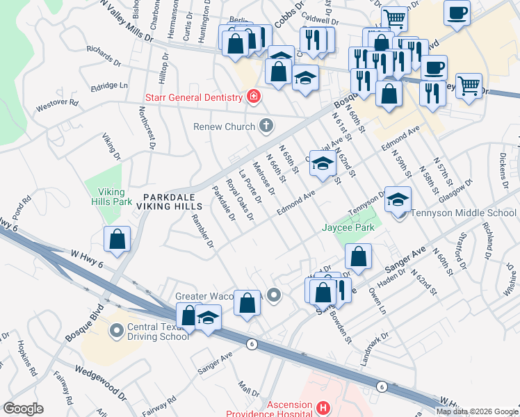 map of restaurants, bars, coffee shops, grocery stores, and more near 1118 La Porte Drive in Waco