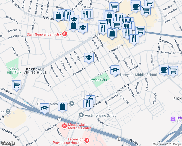map of restaurants, bars, coffee shops, grocery stores, and more near 6400 Edmond Avenue in Waco