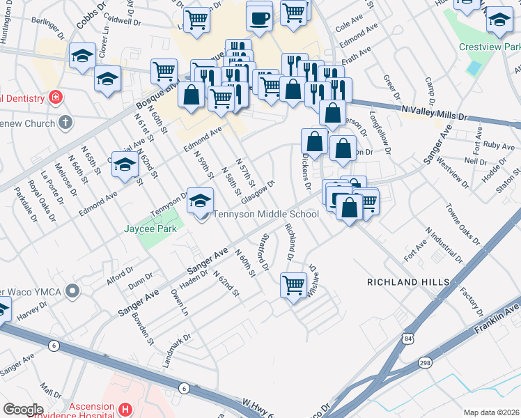map of restaurants, bars, coffee shops, grocery stores, and more near 736 North 57th Street in Waco
