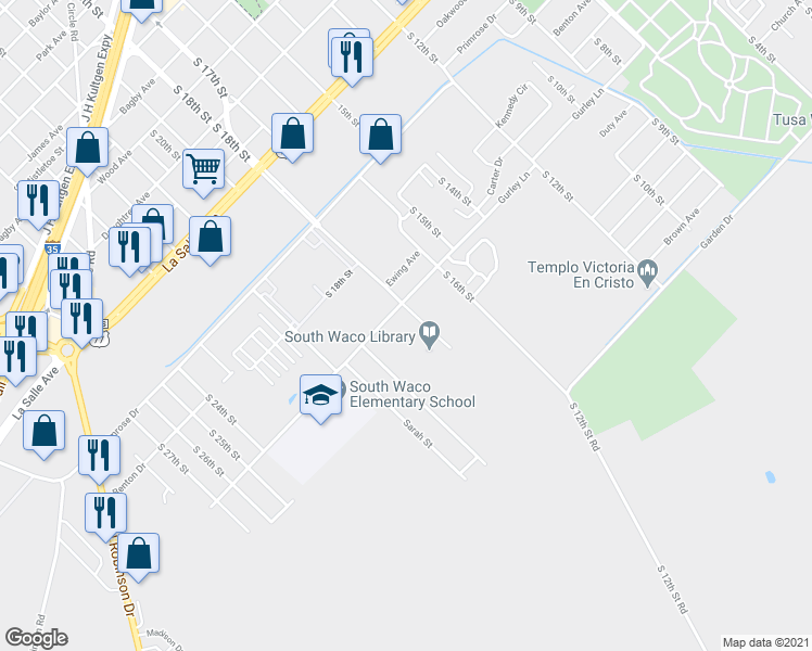 map of restaurants, bars, coffee shops, grocery stores, and more near 1800 Gurley Lane in Waco