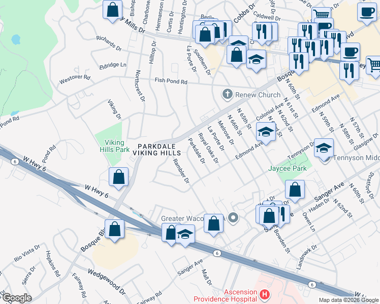 map of restaurants, bars, coffee shops, grocery stores, and more near 1324 Pembrook Drive in Waco