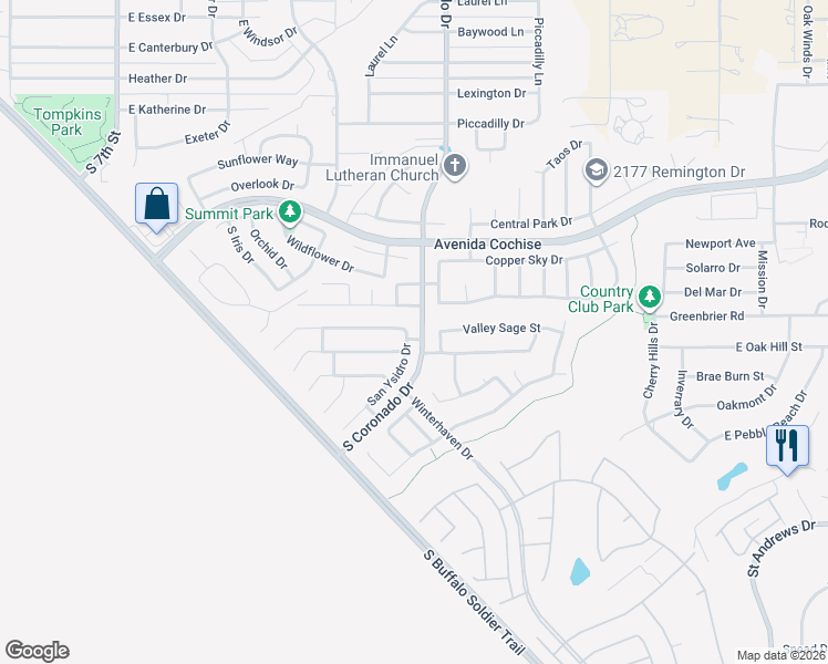map of restaurants, bars, coffee shops, grocery stores, and more near 2427 San Ysidro Drive in Sierra Vista