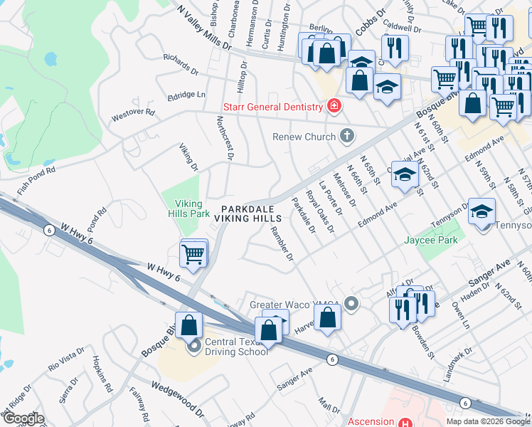 map of restaurants, bars, coffee shops, grocery stores, and more near 1300 Rambler Drive in Waco