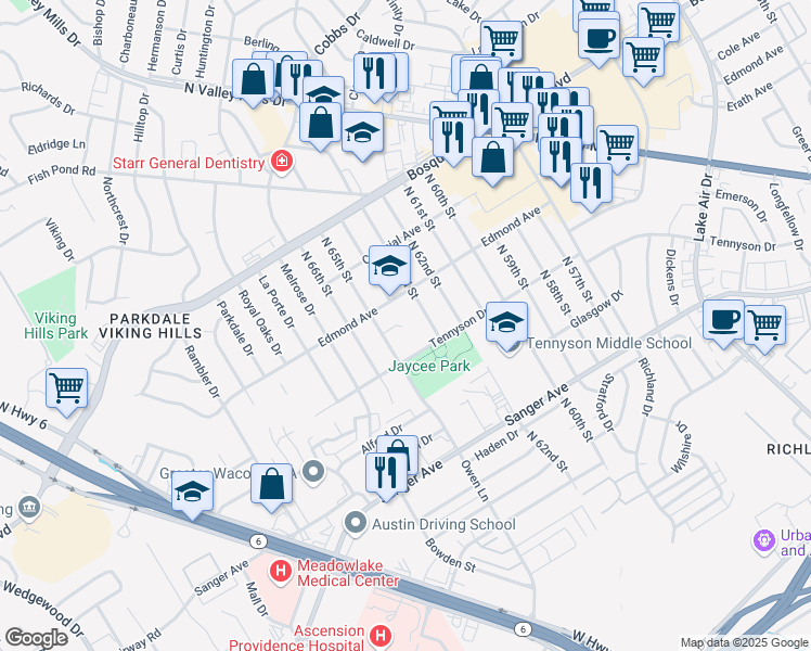 map of restaurants, bars, coffee shops, grocery stores, and more near 6400 Edmond Avenue in Waco