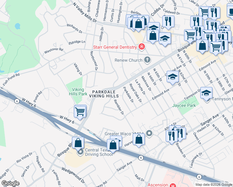 map of restaurants, bars, coffee shops, grocery stores, and more near 1300 Rambler Drive in Waco