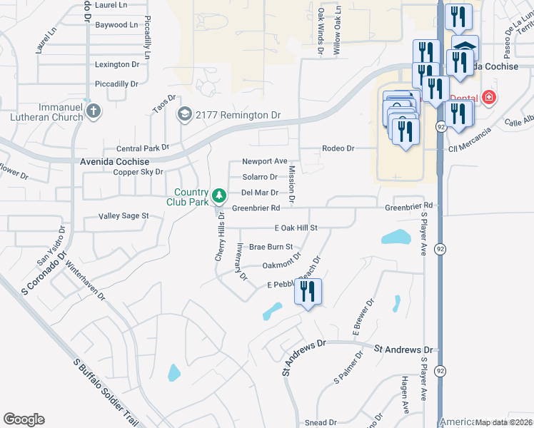 map of restaurants, bars, coffee shops, grocery stores, and more near 3031 Greenbrier Road in Sierra Vista