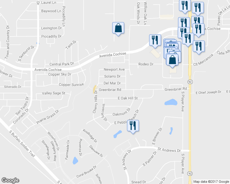 map of restaurants, bars, coffee shops, grocery stores, and more near 3014 Greenbriar Road in Sierra Vista