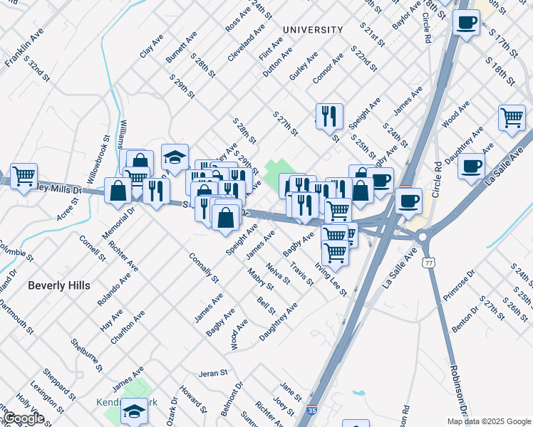 map of restaurants, bars, coffee shops, grocery stores, and more near 2999 Speight Ave in Beverly Hills