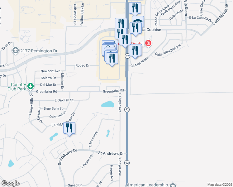 map of restaurants, bars, coffee shops, grocery stores, and more near 3820 Greenbrier Road in Sierra Vista