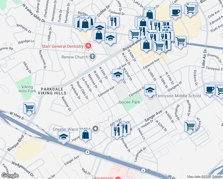 map of restaurants, bars, coffee shops, grocery stores, and more near 1030 North 65th Street in Waco