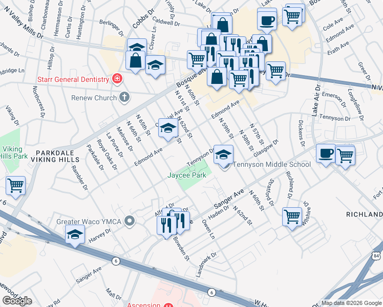 map of restaurants, bars, coffee shops, grocery stores, and more near 912 North 62nd Street in Waco