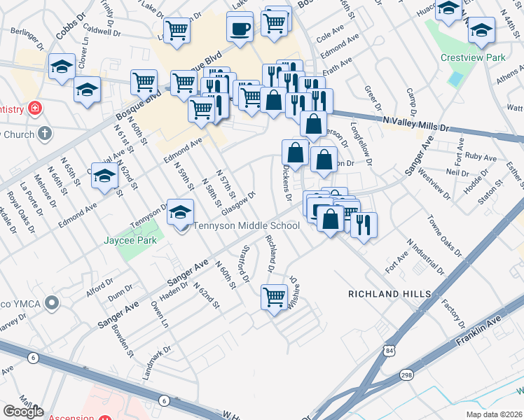 map of restaurants, bars, coffee shops, grocery stores, and more near 5515 Sanger Ave in Waco