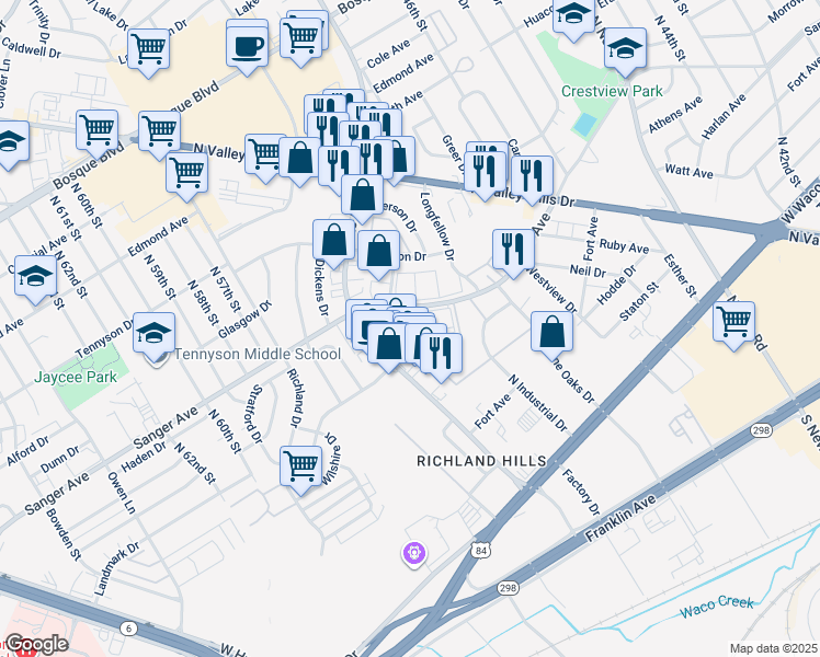 map of restaurants, bars, coffee shops, grocery stores, and more near 5101 Hawthorne Drive in Waco