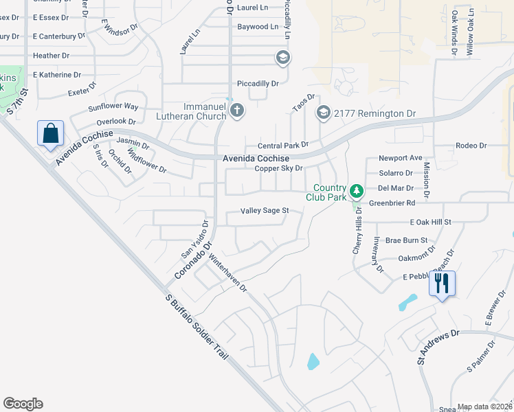 map of restaurants, bars, coffee shops, grocery stores, and more near 2133 Valley Sage Street in Sierra Vista
