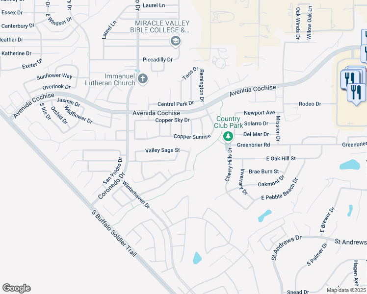 map of restaurants, bars, coffee shops, grocery stores, and more near 2385 Valley Sage Street in Sierra Vista