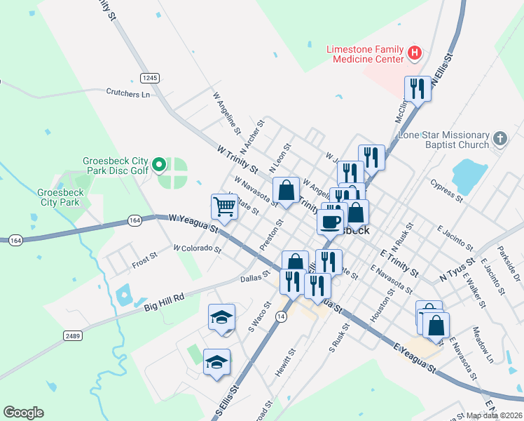 map of restaurants, bars, coffee shops, grocery stores, and more near 109 South Fannin Street in Groesbeck