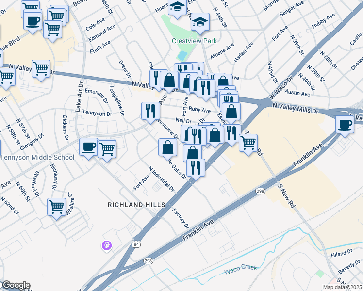 map of restaurants, bars, coffee shops, grocery stores, and more near 616 Westview Drive in Waco