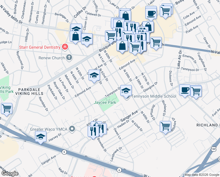 map of restaurants, bars, coffee shops, grocery stores, and more near 912 North 62nd Street in Waco