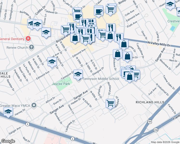 map of restaurants, bars, coffee shops, grocery stores, and more near 812 North 58th Street in Waco
