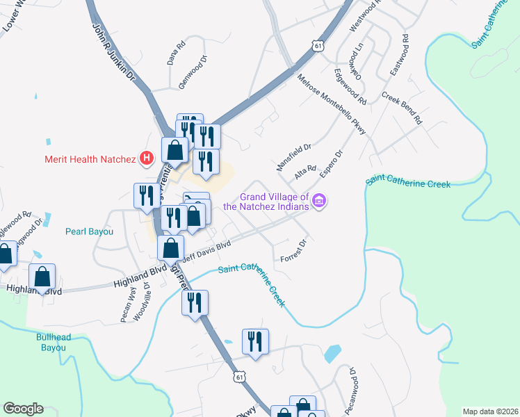 map of restaurants, bars, coffee shops, grocery stores, and more near 17 Sun Court in Natchez