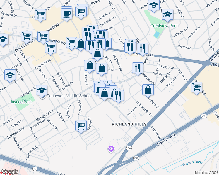 map of restaurants, bars, coffee shops, grocery stores, and more near 5101 Hawthorne Drive in Waco