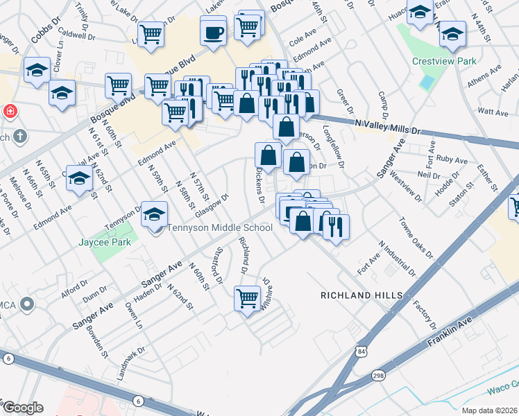 map of restaurants, bars, coffee shops, grocery stores, and more near 700 Dickens Dr in Waco