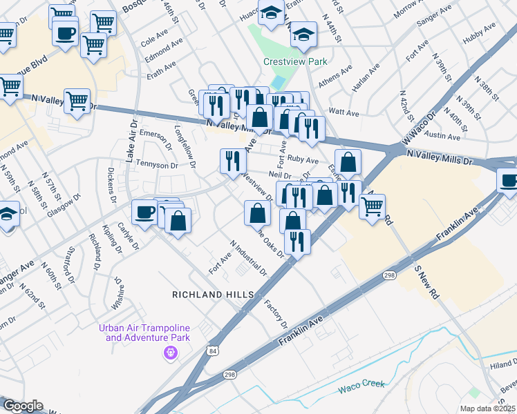 map of restaurants, bars, coffee shops, grocery stores, and more near 525 Towne Oaks Drive in Waco