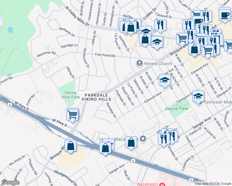 map of restaurants, bars, coffee shops, grocery stores, and more near 1324 Pembrook Drive in Waco
