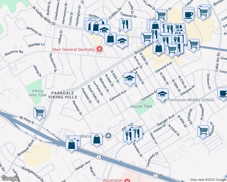 map of restaurants, bars, coffee shops, grocery stores, and more near 1118 North 66th Street in Waco