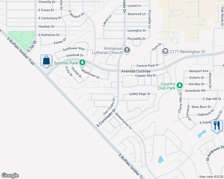 map of restaurants, bars, coffee shops, grocery stores, and more near 1844 Silverado Drive in Sierra Vista