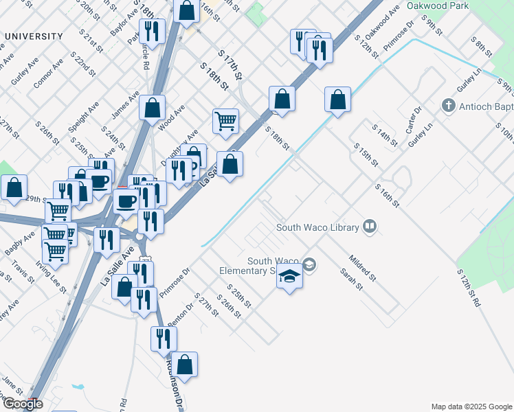 map of restaurants, bars, coffee shops, grocery stores, and more near 2100 Primrose Drive in Waco