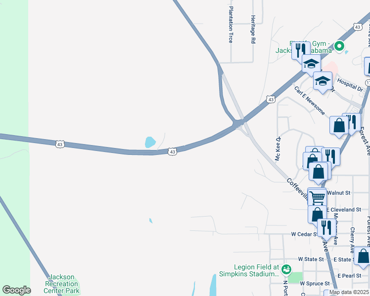 map of restaurants, bars, coffee shops, grocery stores, and more near 2167 U.S. 43 in Jackson