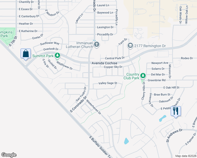 map of restaurants, bars, coffee shops, grocery stores, and more near 2070 Copper Sunrise in Sierra Vista