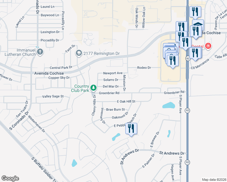map of restaurants, bars, coffee shops, grocery stores, and more near 3031 Greenbrier Road in Sierra Vista