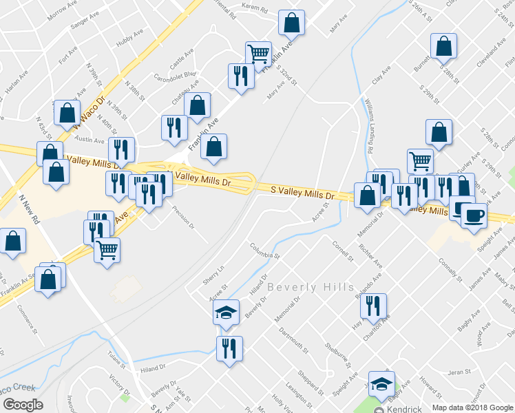 map of restaurants, bars, coffee shops, grocery stores, and more near 3809 Sherry Lane in Waco
