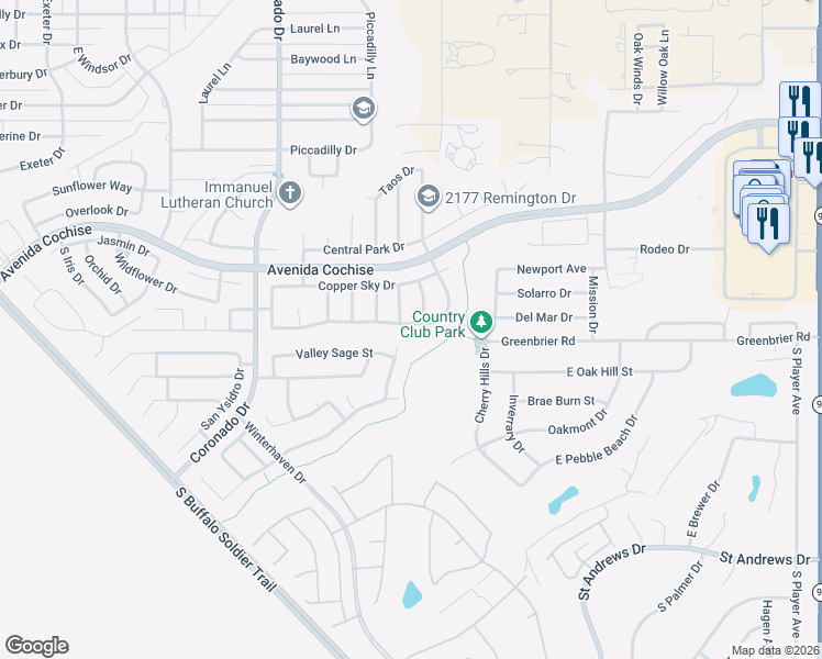 map of restaurants, bars, coffee shops, grocery stores, and more near 2486 Copper Sunrise in Sierra Vista