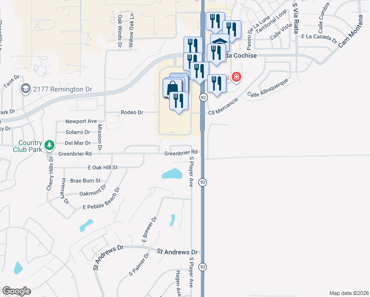map of restaurants, bars, coffee shops, grocery stores, and more near 3820 Greenbrier Road in Sierra Vista