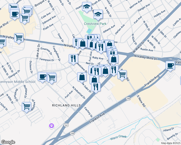 map of restaurants, bars, coffee shops, grocery stores, and more near 616 Westview Drive in Waco